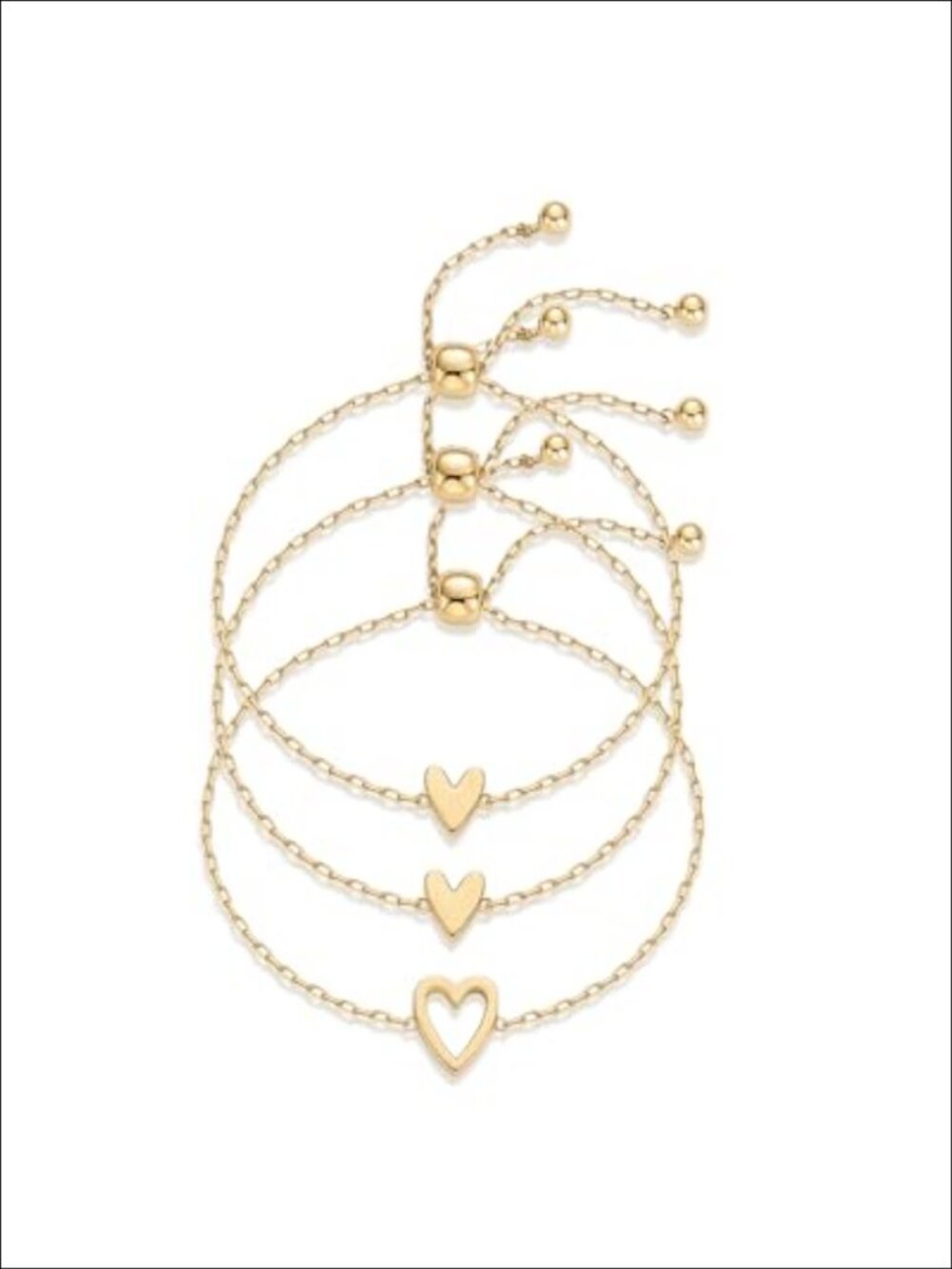14K Gold Plated Heart Charm Bracelet Set, 3-Piece Adjustable Link Bracelets